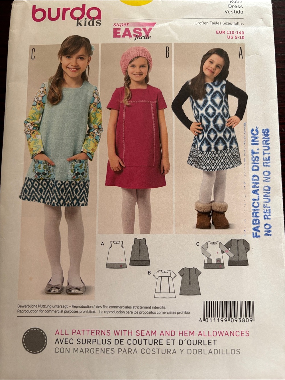 Burda Kids Girls' Dress Pattern - Pink A-Line Dress size 5-10